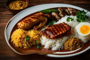 uma prato do arroz, frango, e ovos. gerado por IA foto