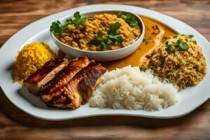 a Comida é servido em uma prato com arroz, frango, arroz e legumes. gerado por IA foto