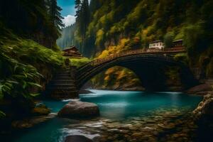 uma ponte sobre uma rio dentro a montanhas. gerado por IA foto