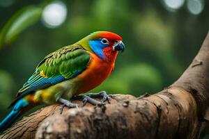 uma colorida pássaro é sentado em uma ramo. gerado por IA foto