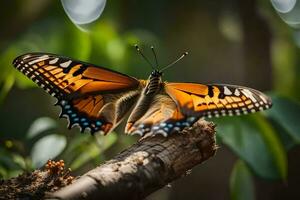 uma borboleta é sentado em uma ramo dentro a Sol. gerado por IA foto