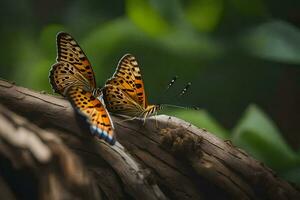 dois borboletas estão sentado em uma árvore ramo. gerado por IA foto