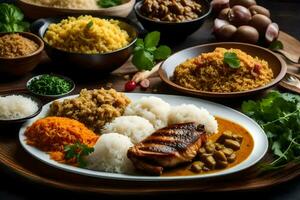 uma prato do Comida com arroz, carne e legumes. gerado por IA foto