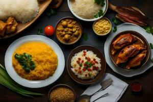 uma mesa com vários pratos do Comida. gerado por IA foto