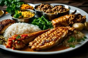 uma prato do Comida com arroz, carne e legumes. gerado por IA foto