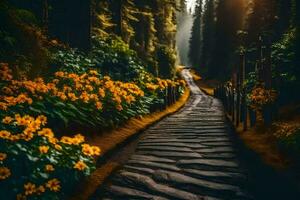 uma caminho dentro a madeiras com flores e árvores gerado por IA foto