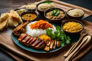 uma prato do Comida com arroz, carne e legumes. gerado por IA foto