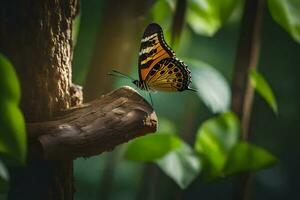 borboleta em uma árvore ramo. gerado por IA foto