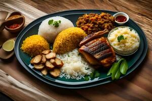 uma prato com arroz, carne e legumes em isto. gerado por IA foto