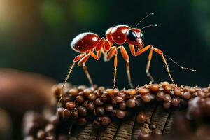 a formiga é em pé em topo do uma pilha do Castanho sementes. gerado por IA foto