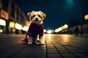 uma pequeno cachorro dentro uma vermelho casaco em pé em uma rua às noite. gerado por IA foto