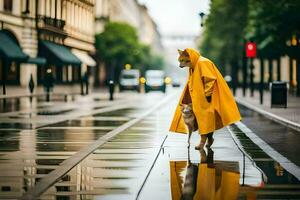 uma cachorro dentro uma amarelo capa de chuva caminhando em uma molhado rua. gerado por IA foto
