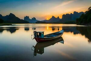 uma barco senta em a água às pôr do sol com montanhas dentro a fundo. gerado por IA foto