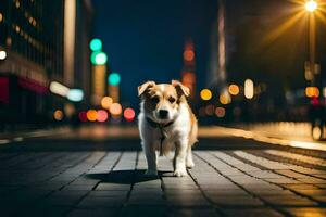 uma cachorro em pé em uma rua às noite. gerado por IA foto