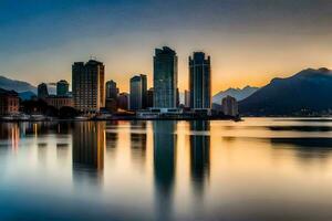 a cidade Horizonte é refletido dentro a água às pôr do sol. gerado por IA foto