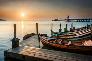 barcos ancorado às a cais às pôr do sol. gerado por IA foto