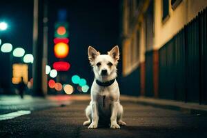 uma pequeno cachorro sentado em a rua às noite. gerado por IA foto