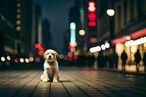 uma cachorro sentado em a rua às noite. gerado por IA foto