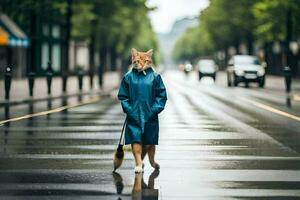 uma Raposa dentro uma capa de chuva caminhando baixa uma rua. gerado por IA foto