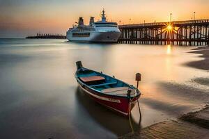 uma barco senta em a costa às pôr do sol com uma cruzeiro navio dentro a fundo. gerado por IA foto