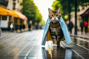 uma gato caminhando baixa uma rua dentro uma casaco. gerado por IA foto