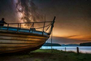 uma barco senta em a costa debaixo uma Estrela preenchidas céu. gerado por IA foto