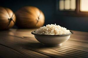 arroz dentro uma tigela em uma de madeira mesa. gerado por IA foto