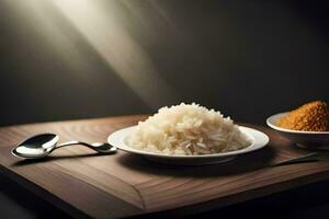 uma prato do arroz e uma colher em uma de madeira mesa. gerado por IA foto