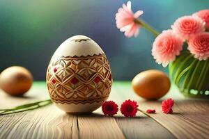 Páscoa ovo em uma de madeira mesa com flores e vaso. gerado por IA foto