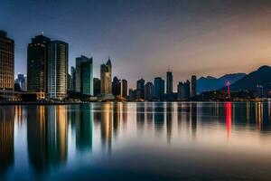 a cidade Horizonte é refletido dentro a água às pôr do sol. gerado por IA foto