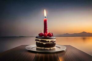 uma chocolate bolo com uma solteiro vela em topo. gerado por IA foto