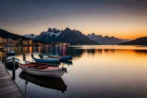 barcos ancorado às a doca às pôr do sol com montanhas dentro a fundo. gerado por IA foto