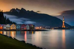 a Cidade do Lofoten, Noruega às crepúsculo. gerado por IA foto