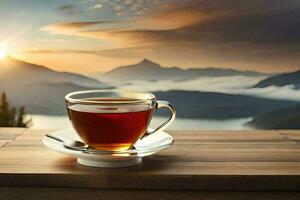 uma copo do chá em uma de madeira mesa com montanhas dentro a fundo. gerado por IA foto