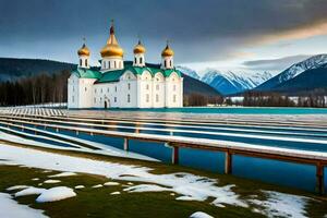 uma Igreja dentro a neve com ouro cúpulas. gerado por IA foto
