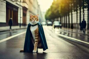 uma gato vestido Como uma Super heroi em pé em a rua. gerado por IA foto