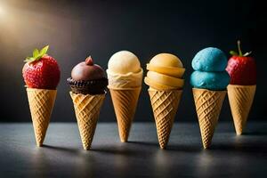 cinco diferente gelo creme cones com diferente sabores. gerado por IA foto