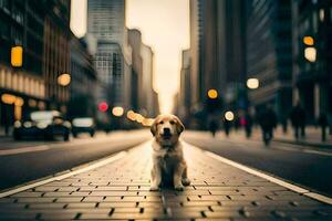 uma cachorro sentado em a rua dentro uma cidade. gerado por IA foto