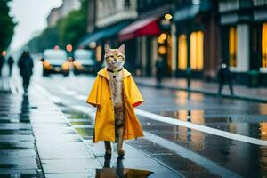 uma gato dentro uma capa de chuva caminhando baixa uma rua. gerado por IA foto