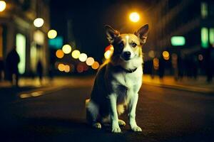 uma cachorro sentado em a rua às noite. gerado por IA foto