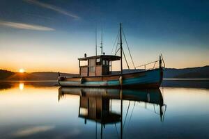 uma barco senta em a água às pôr do sol. gerado por IA foto