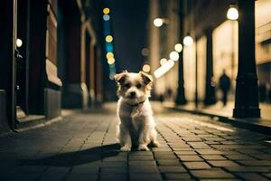 uma pequeno cachorro sentado em a calçada às noite. gerado por IA foto