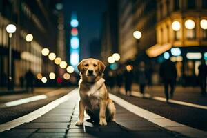 uma cachorro sentado em a rua às noite. gerado por IA foto