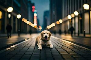 uma cachorro sentado em a rua dentro uma cidade. gerado por IA foto