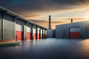 uma ampla industrial construção com dois vermelho portas gerado por IA foto