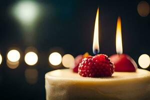 uma aniversário bolo com dois velas e framboesas. gerado por IA foto