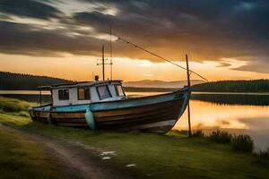 uma barco senta em a costa do uma lago às pôr do sol. gerado por IA foto