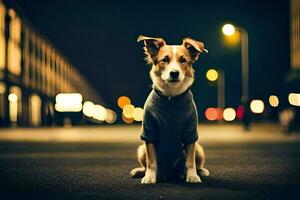 uma cachorro vestindo uma camisa em a rua às noite. gerado por IA foto