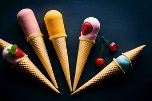 cinco gelo creme cones com diferente sabores em uma Sombrio fundo. gerado por IA foto