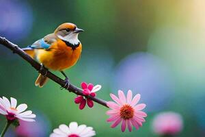 uma pequeno pássaro senta em uma ramo com Rosa flores gerado por IA foto